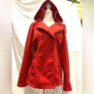 Red Cotton Hooded Jacket Pea Coat Size Large‎ Soft Preppy Coquette New England